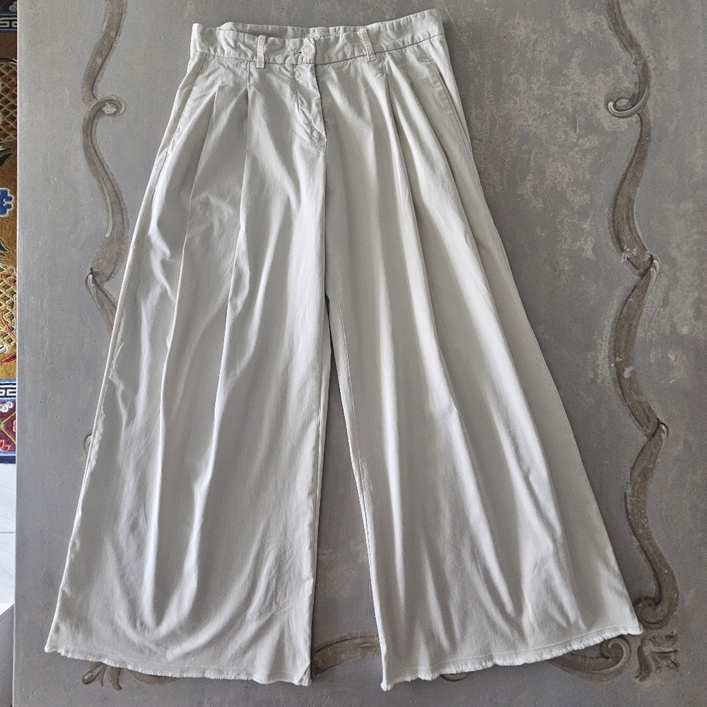 Nili Lotan Dilon Buff Pleated High Waist Ultra Wide Leg Raw Hem Khaki Pants - Picture 3 of 15